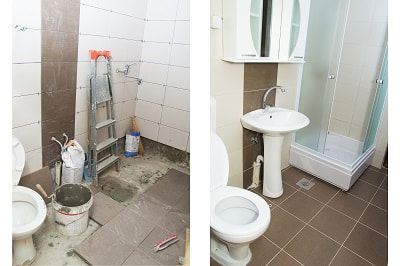 Renovation of bathroom before and after picture of newly installed sink, shower and tile. 